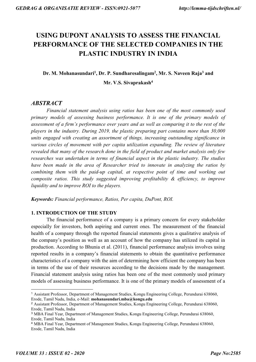 Using Dupont Analysis to Assess the Financial Performance of the Selected Companies in the Plastic Industry in India