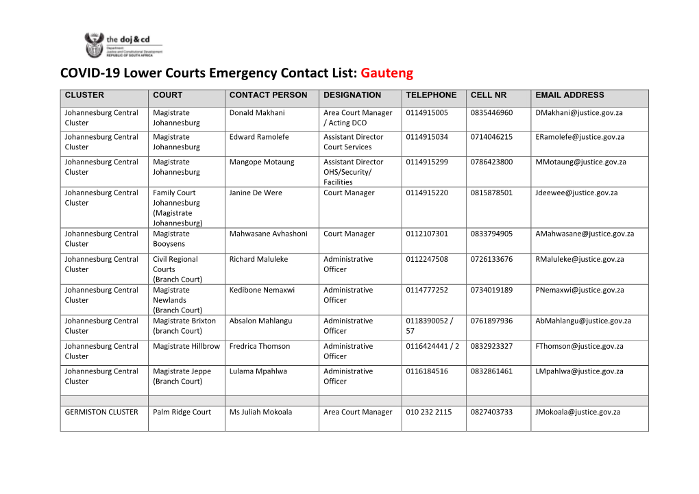 COVID-19 Lower Courts Emergency Contact List: Gauteng