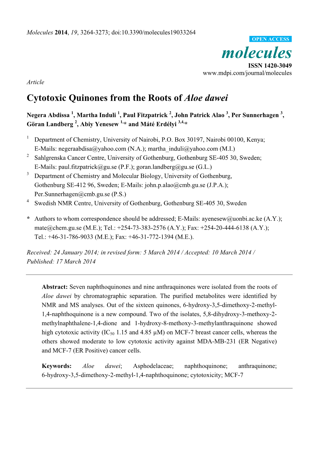 Cytotoxic Quinones from the Roots of Aloe Dawei