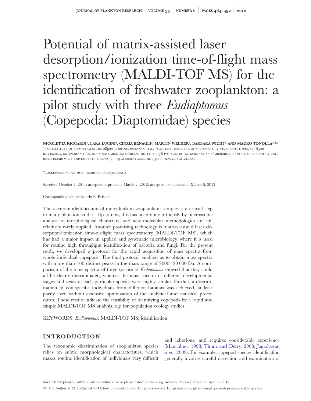 MALDI-TOF MS) for the Identiﬁcation of Freshwater Zooplankton: a Pilot Study with Three Eudiaptomus (Copepoda: Diaptomidae) Species