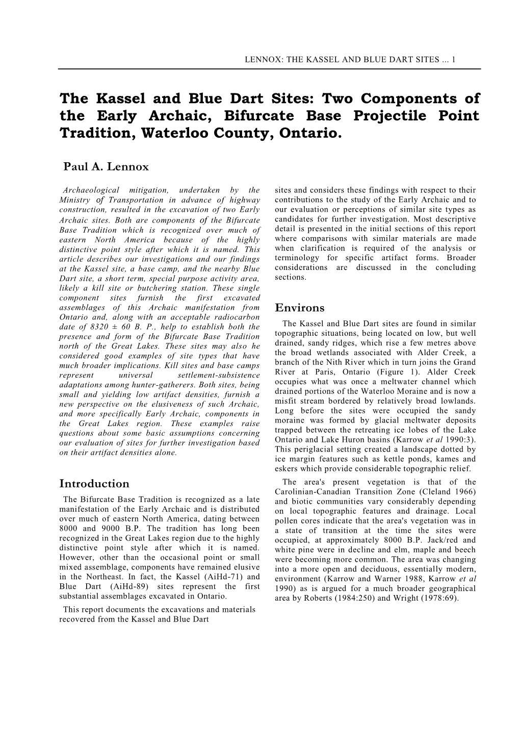 The Kassel and Blue Dart Sites: Two Components of the Early Archaic, Bifurcate Base Projectile Point Tradition, Waterloo County, Ontario