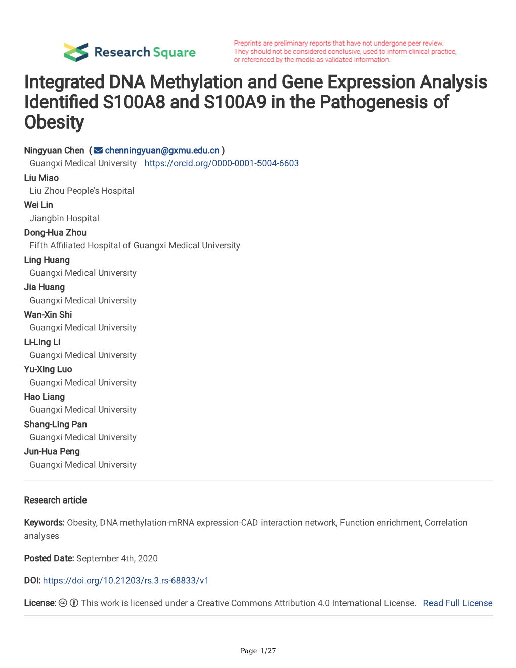 Integrated DNA Methylation and Gene Expression Analysis Identi Ed