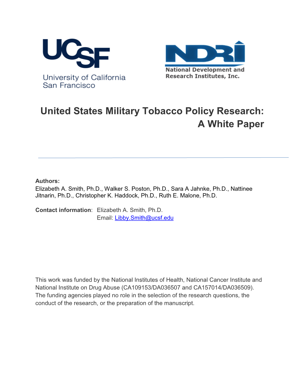 United States Military Tobacco Policy Research: a White Paper