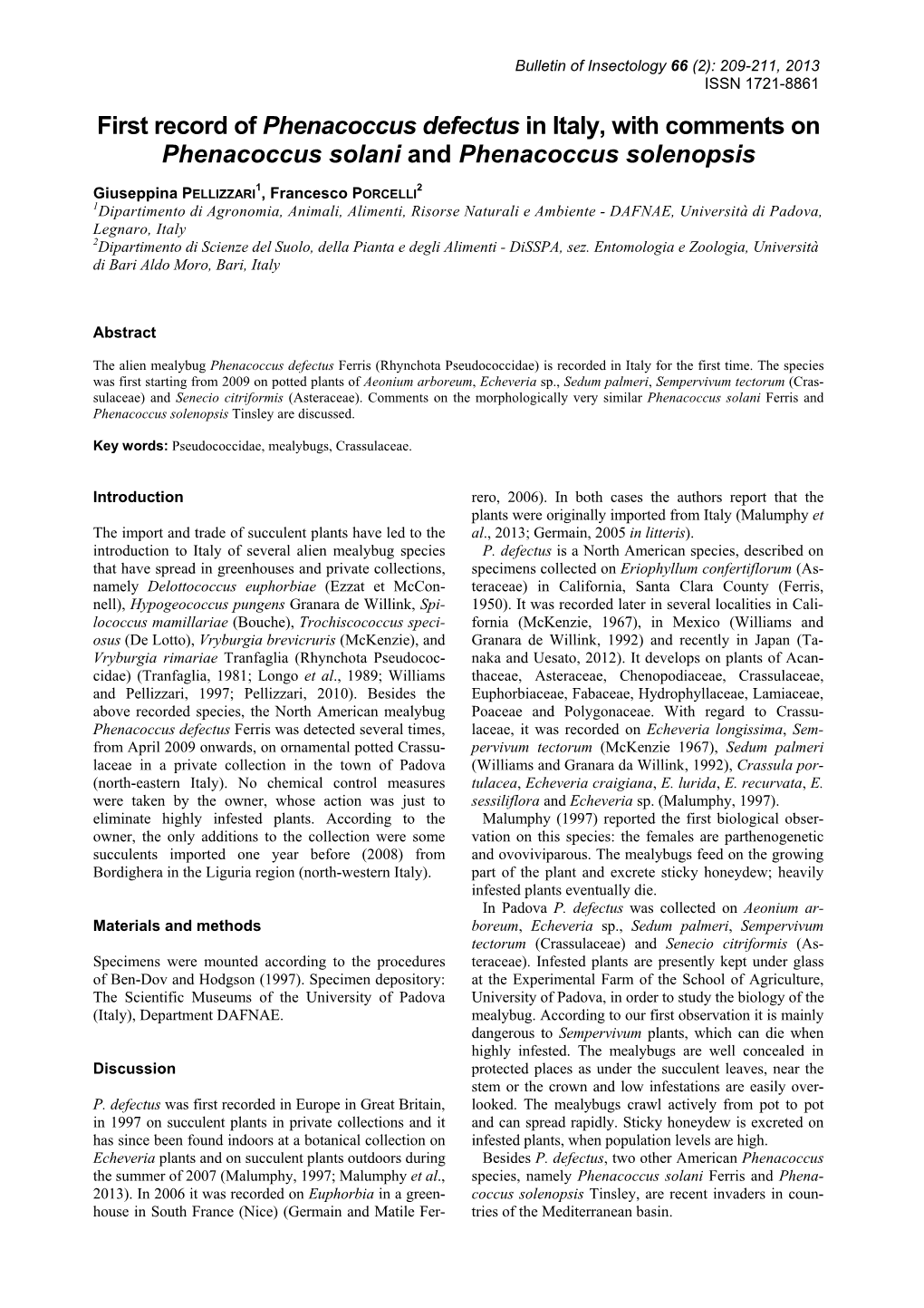 First Record of Phenacoccus Defectus in Italy, with Comments on Phenacoccus Solani and Phenacoccus Solenopsis