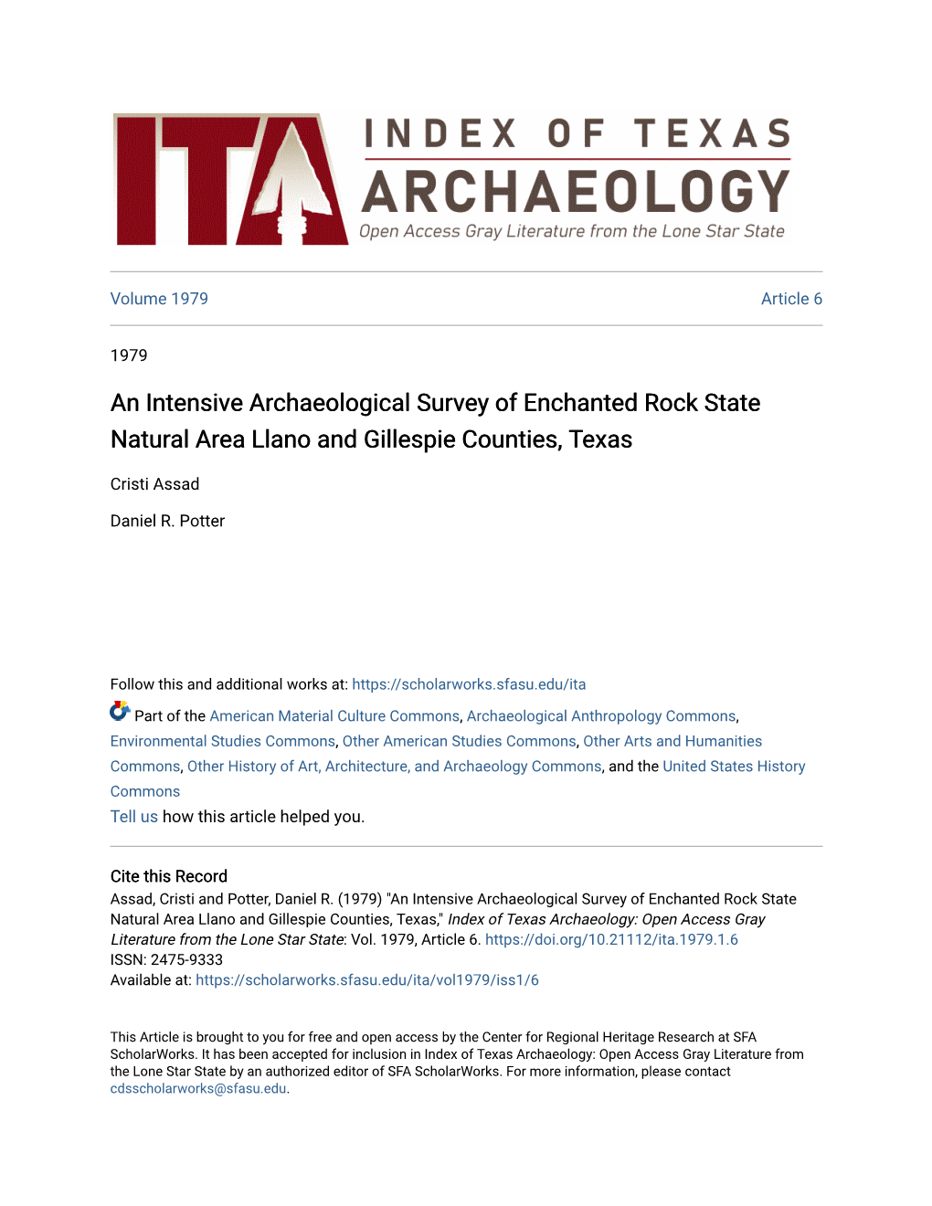 An Intensive Archaeological Survey of Enchanted Rock State Natural Area Llano and Gillespie Counties, Texas