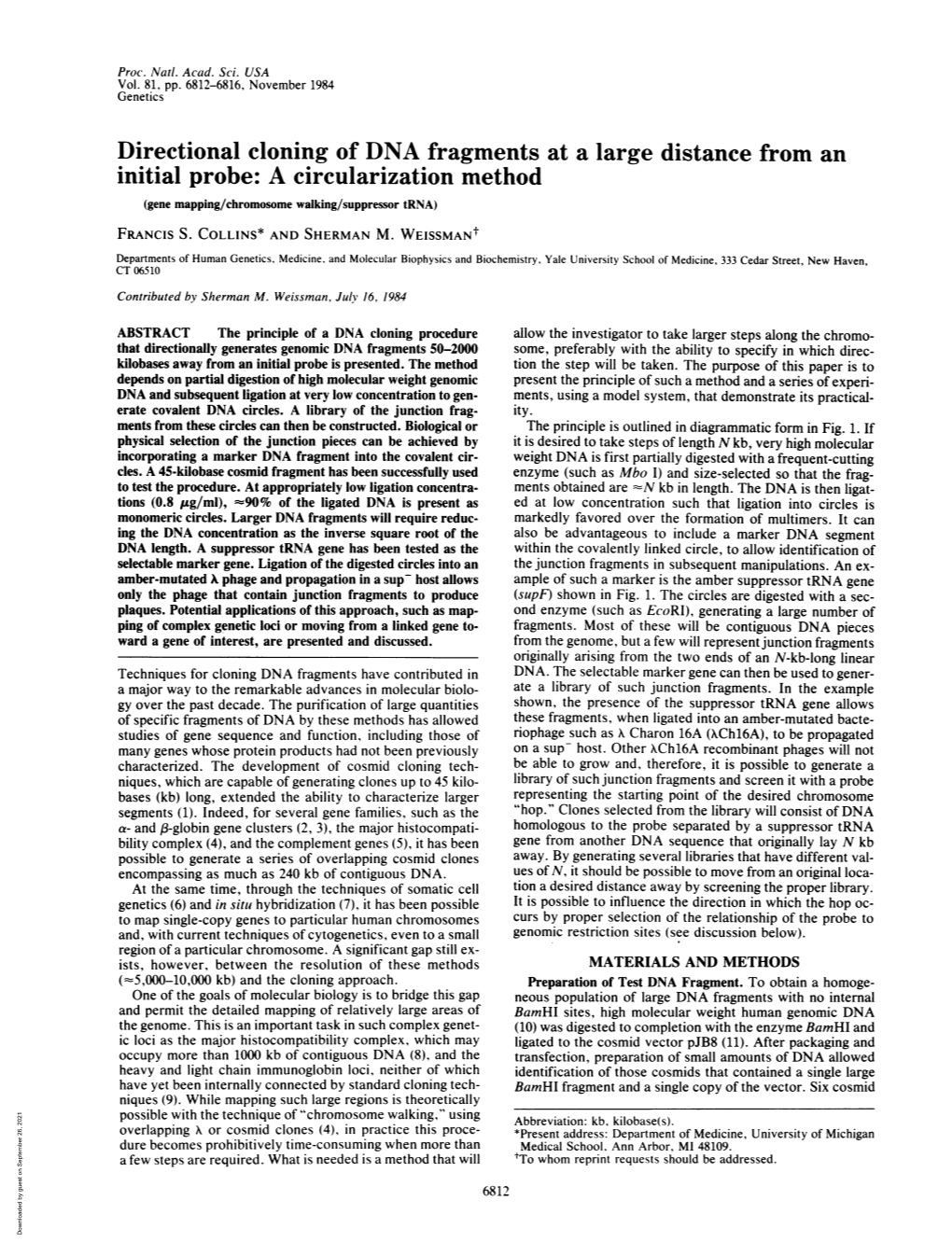 Initial Probe: a Circularization Method (Gene Mapping/Chromosome Walking/Suppressor Trna) FRANCIS S