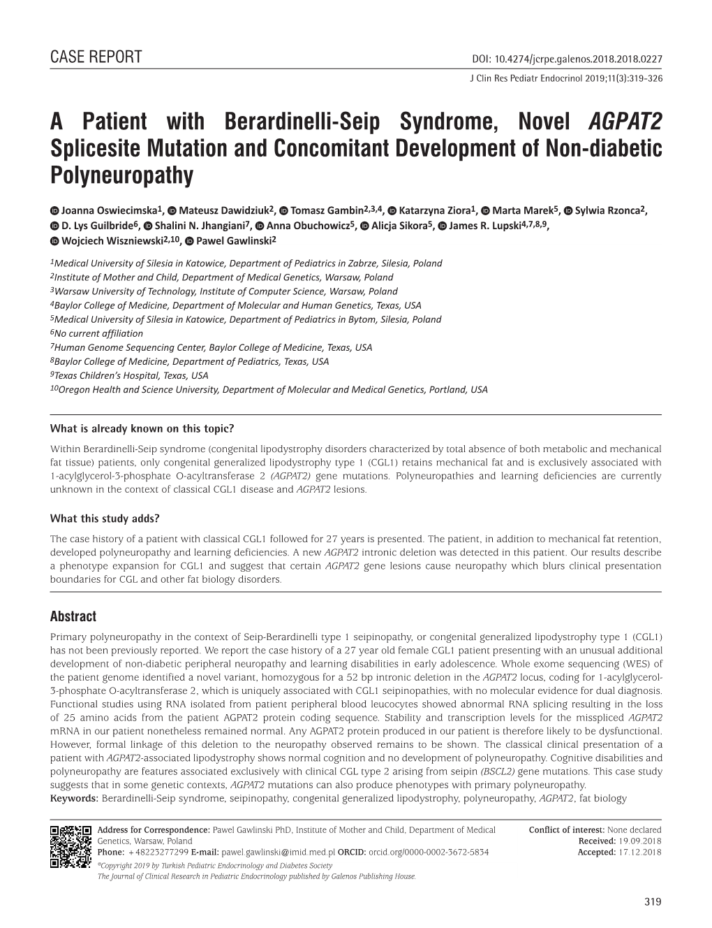 A Patient with Berardinelli-Seip Syndrome, Novel AGPAT2 Splicesite Mutation and Concomitant Development of Non-Diabetic Polyneuropathy