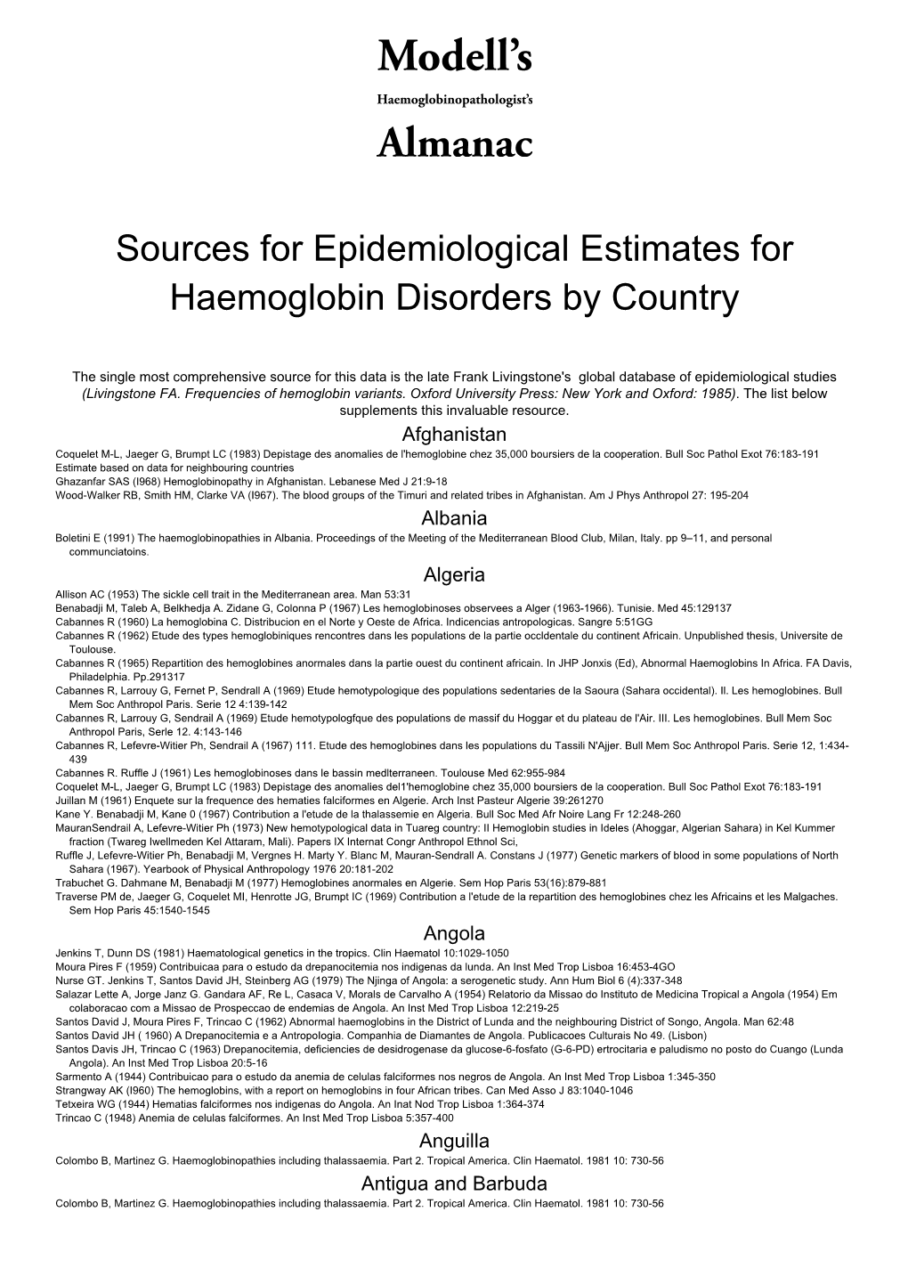 Sources for Epidemiological Estimates for Haemoglobin Disorders by Country