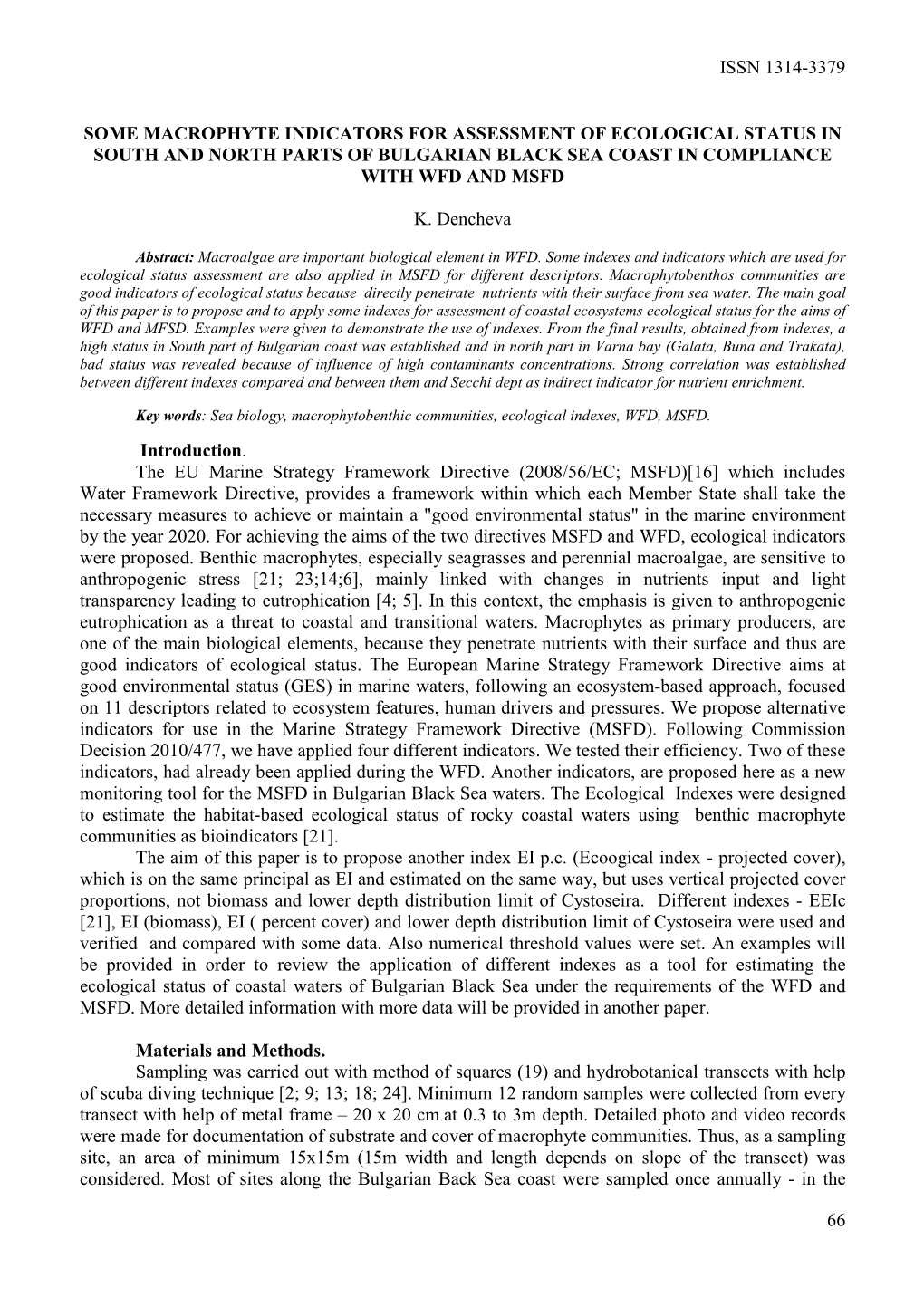 Issn 1314-3379 66 Some Macrophyte Indicators For