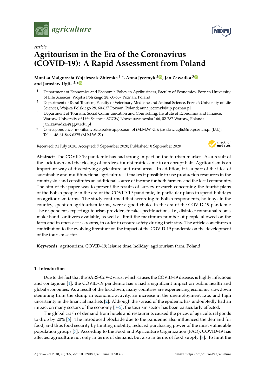 Agritourism in the Era of the Coronavirus (COVID-19): a Rapid Assessment from Poland