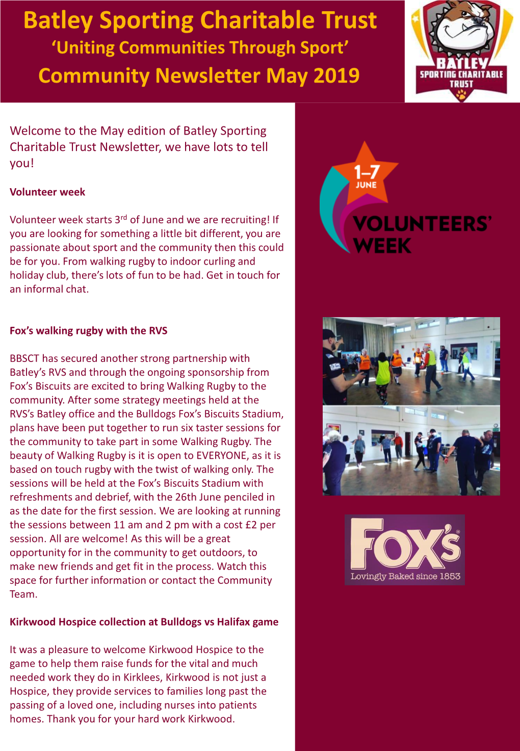 Batley Sporting Charitable Trust ‘Uniting Communities Through Sport’ Community Newsletter May 2019