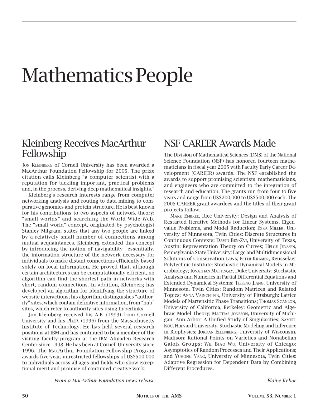 Mathematics People, Volume 53, Number 1