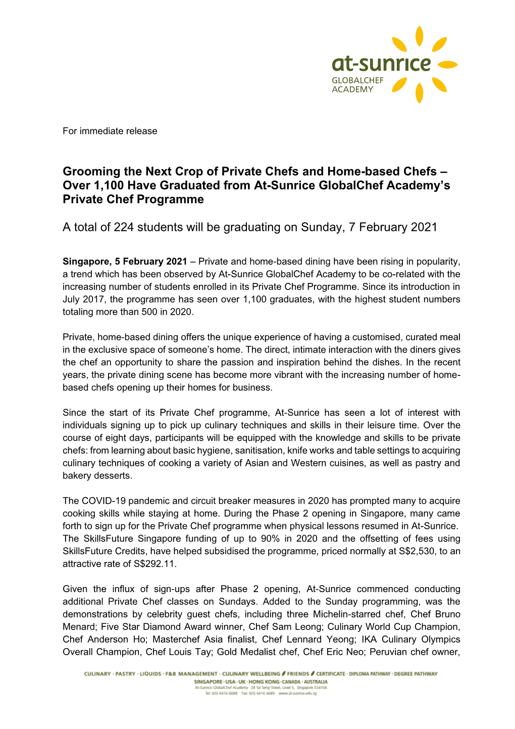 Grooming the Next Crop of Private Chefs and Home-Based Chefs – Over 1,100 Have Graduated from At-Sunrice Globalchef Academy’S Private Chef Programme
