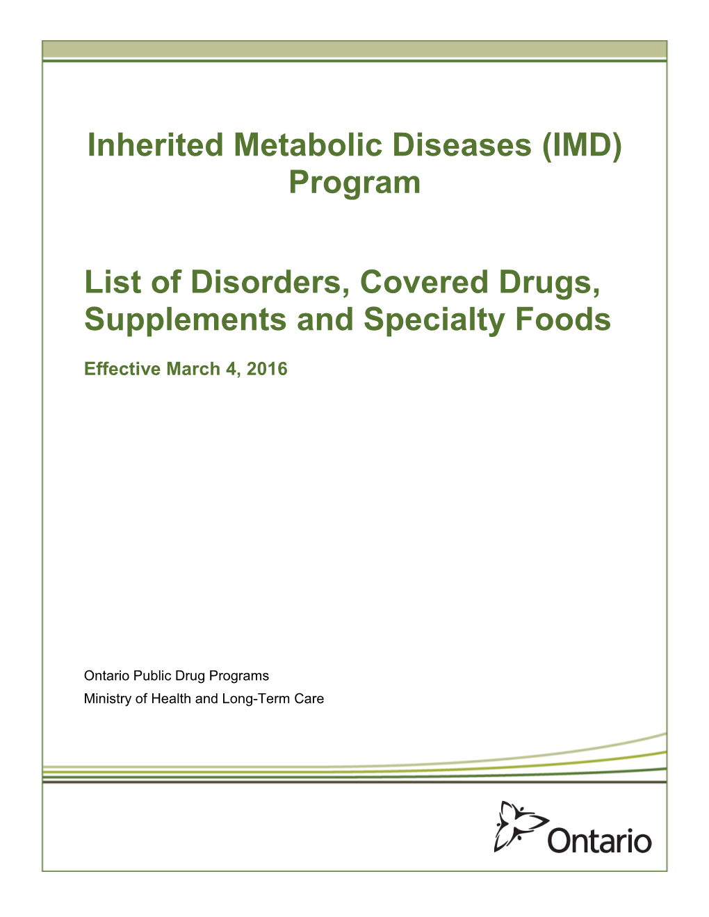 IMD Program List of Disorders, Covered Drugs, Supplements And