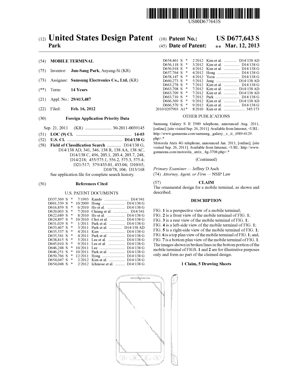 (12) United States Design Patent (10) Patent No.: US D677,643 S Park (45) Date of Patent: *9, Mar