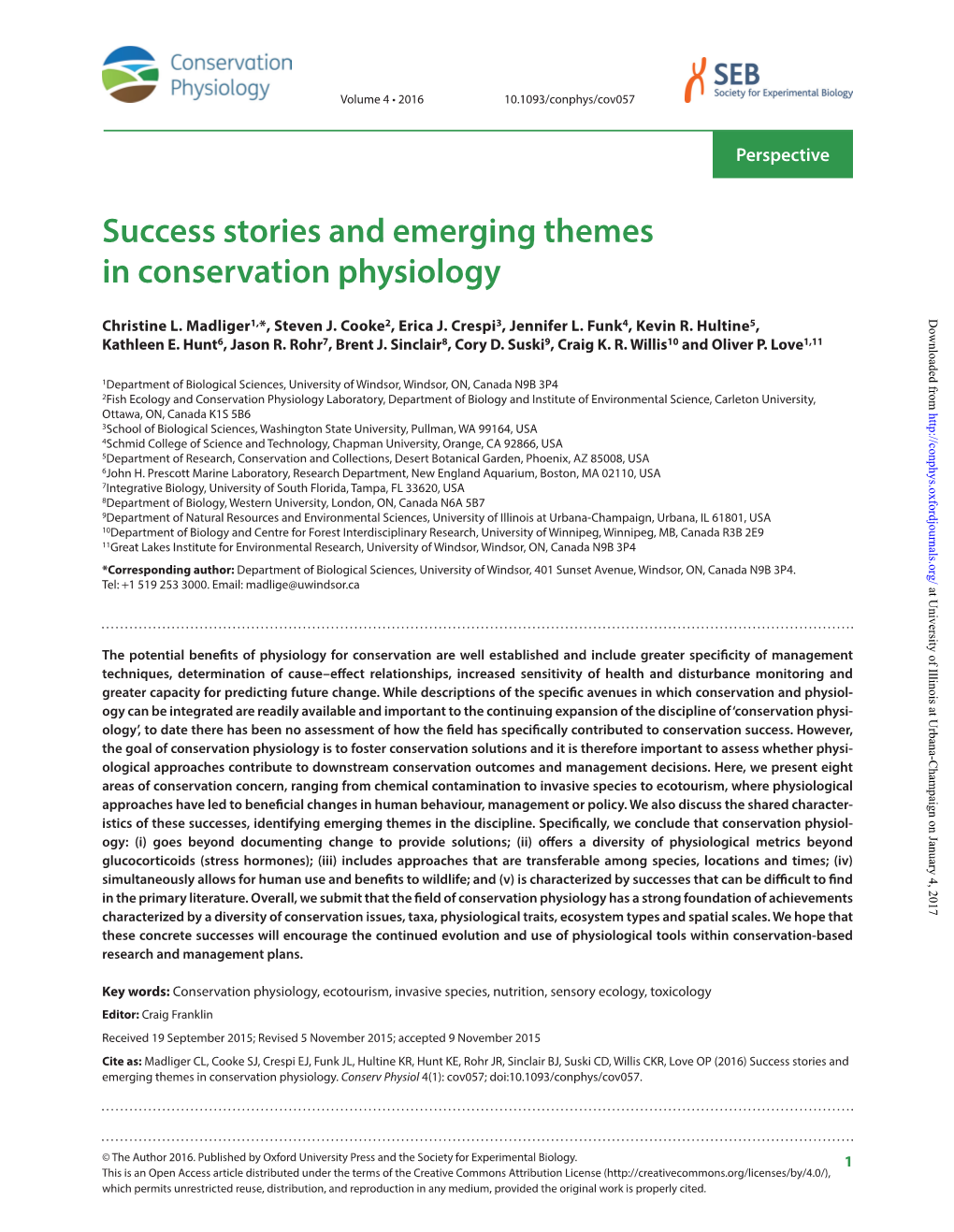 Success Stories and Emerging Themes in Conservation Physiology Downloaded from Christine L
