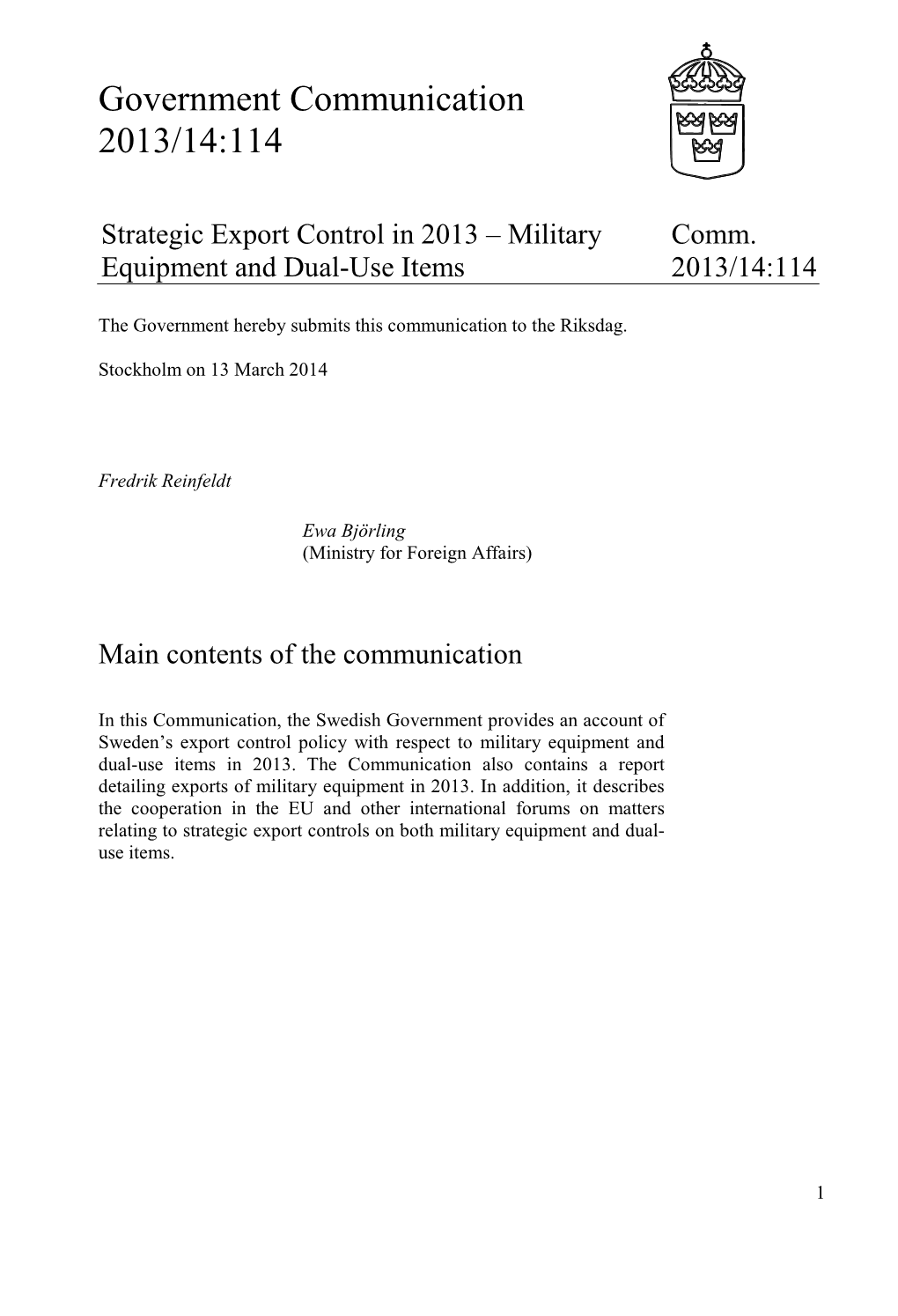 Military Equipment and Dual-Use Items Comm. 2013/14:114