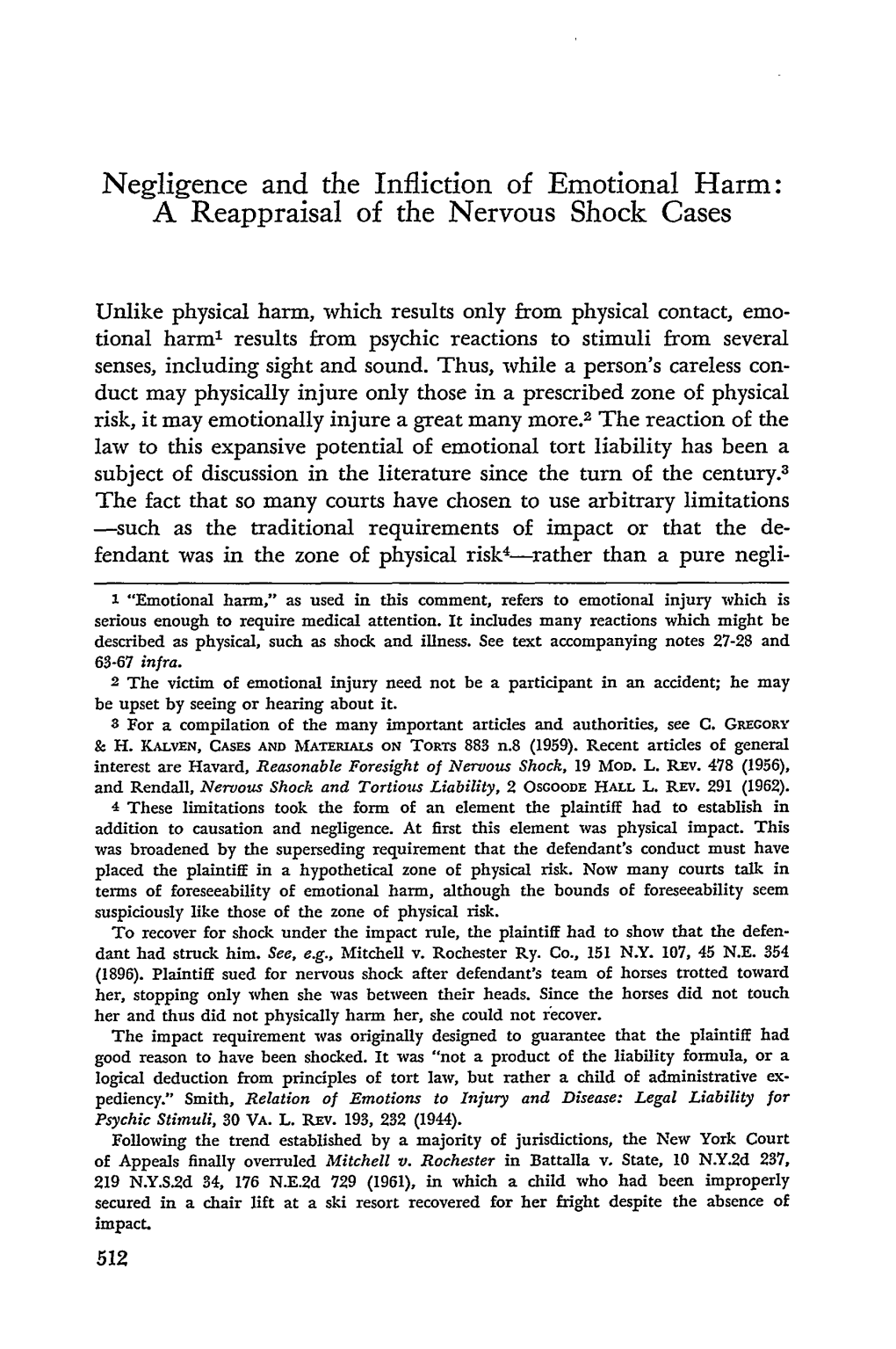 Negligence and the Infliction of Emotional Harm: a Reappraisal of the Nervous Shock Cases