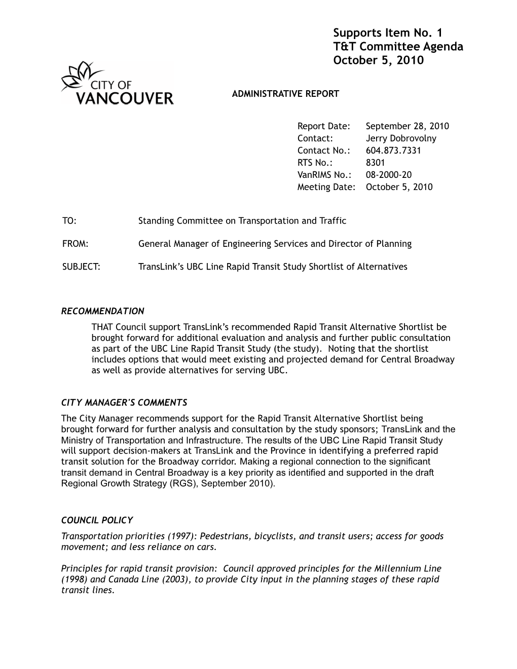 UBC Line Rapid Transit Study Shortlist: 2010 Sep 28