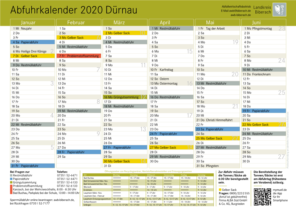 Abfuhrkalender 2020 Dürnau