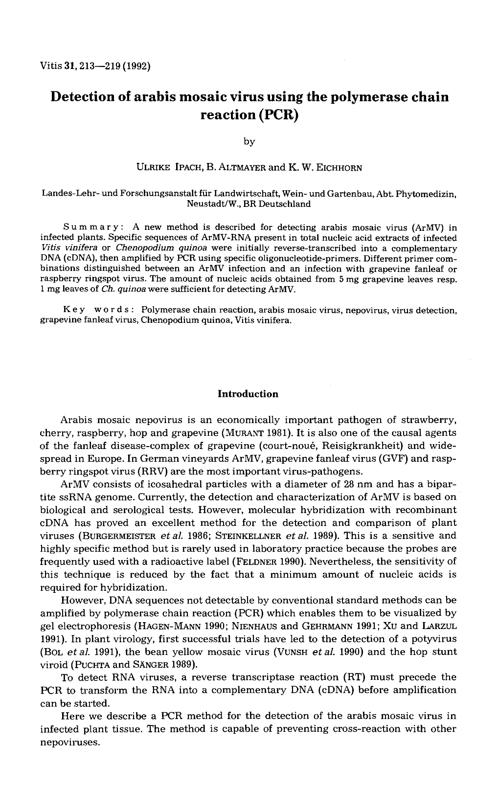 Detection of Arabis Mosaic Virus Using the Polymerase Chain Reaction (PCR)