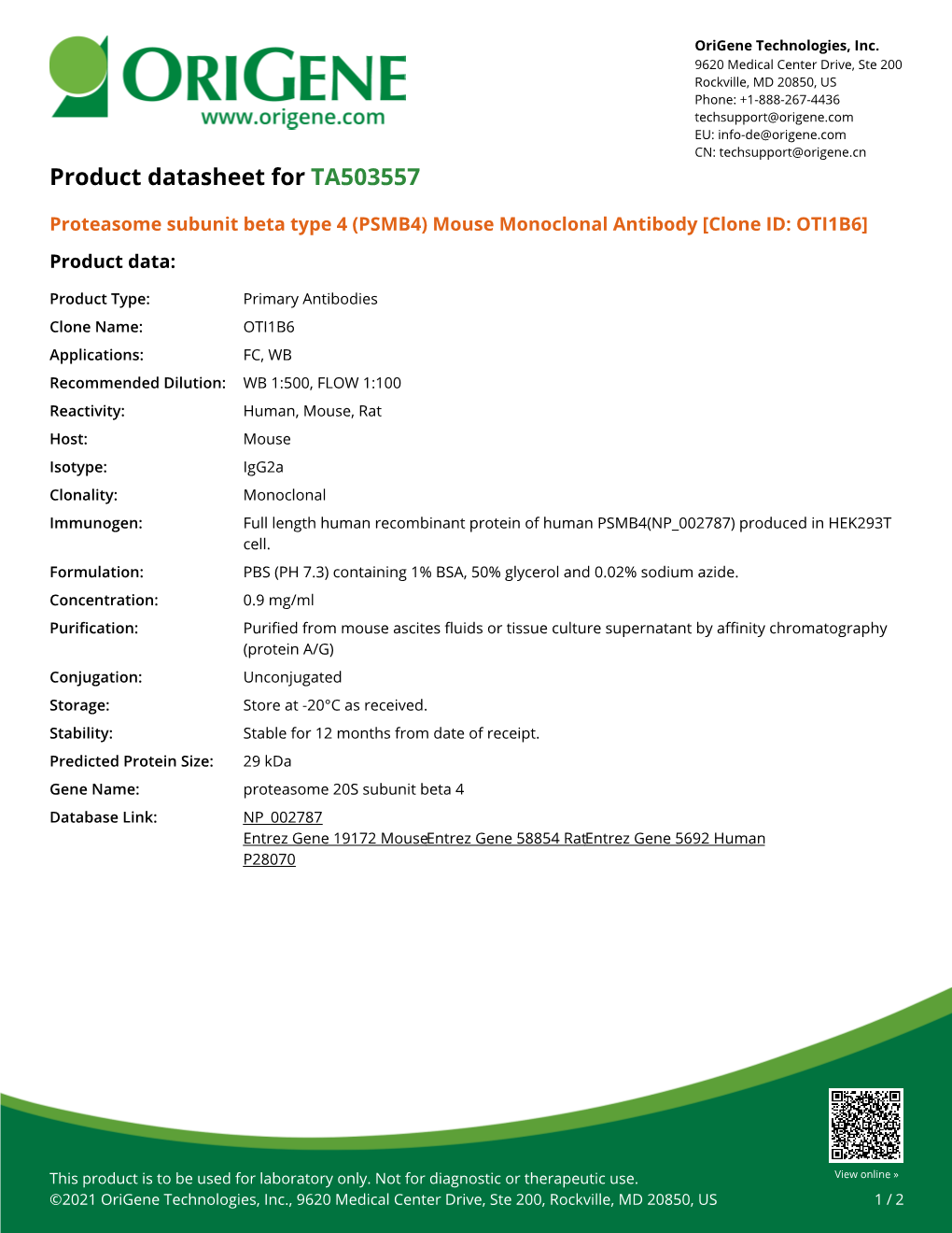 (PSMB4) Mouse Monoclonal Antibody [Clone ID: OTI1B6] Product Data