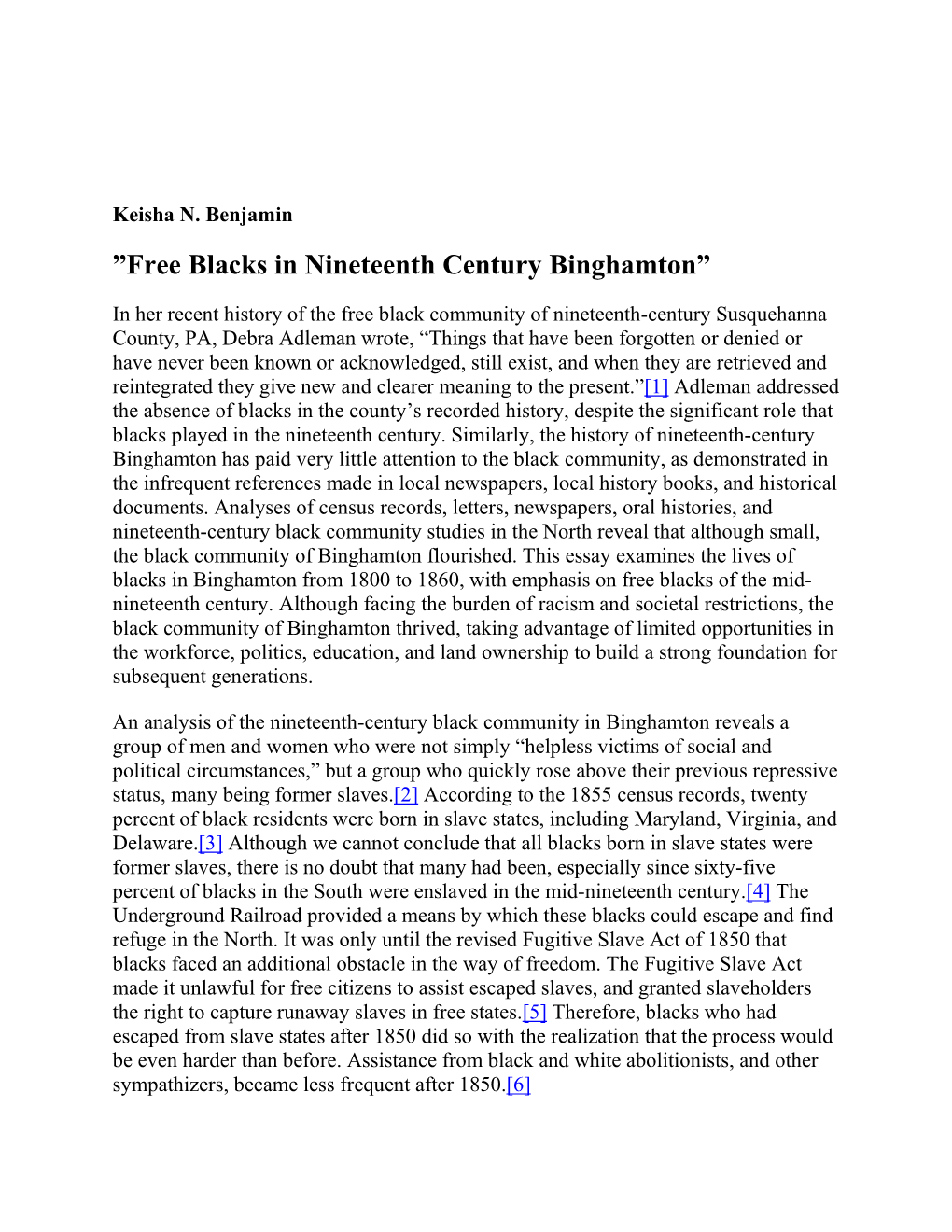 Free Blacks in Nineteenth Century Binghamton”