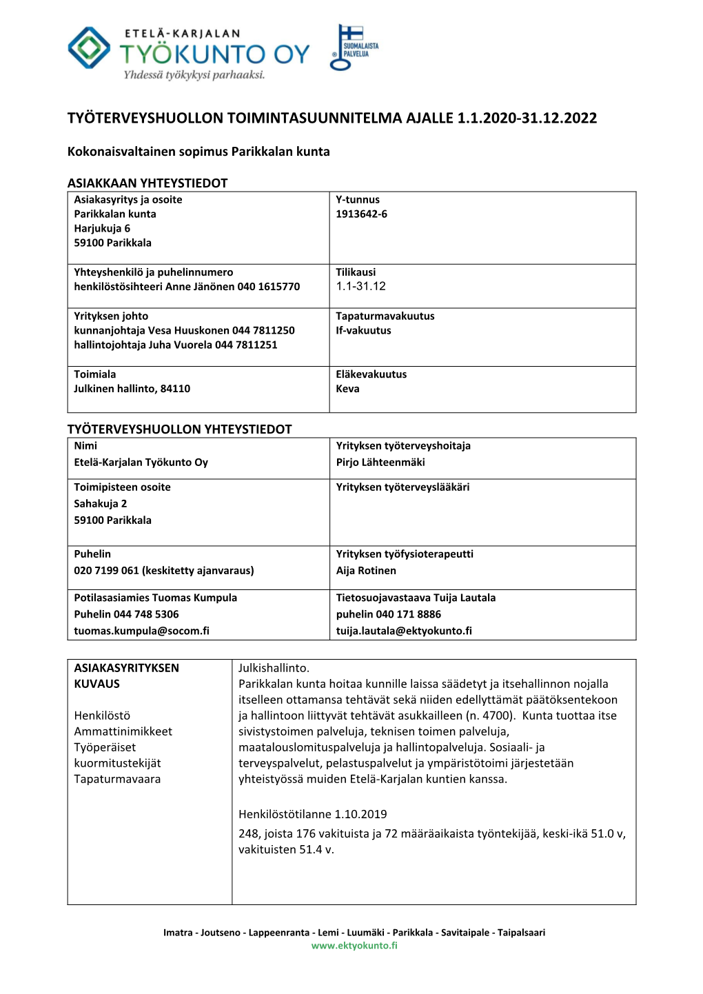 Työterveyshuollon Toimintasuunnitelma Ajalle 1.1.2020-31.12.2022