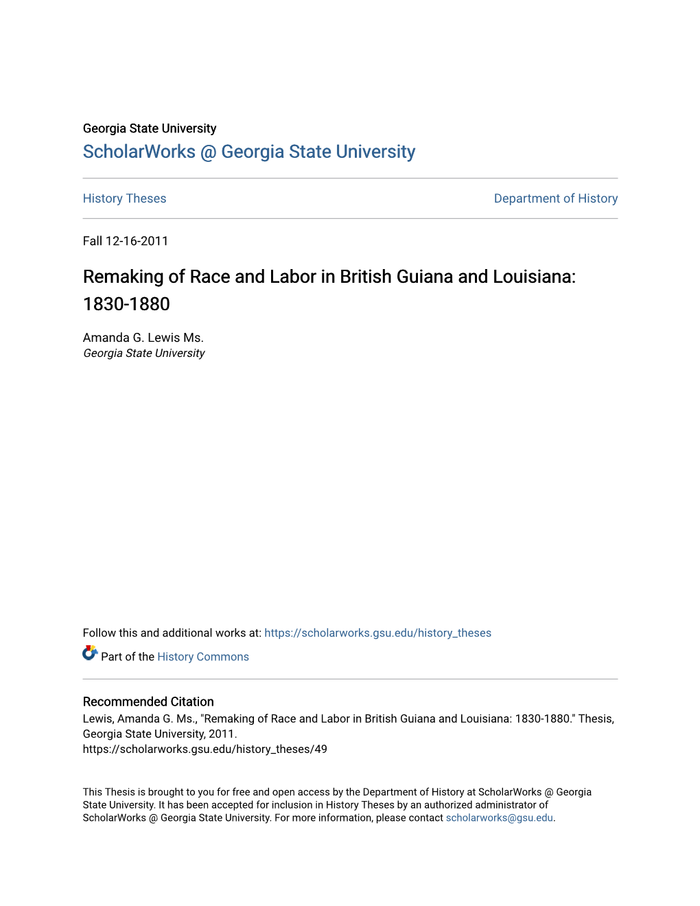 Remaking of Race and Labor in British Guiana and Louisiana: 1830-1880