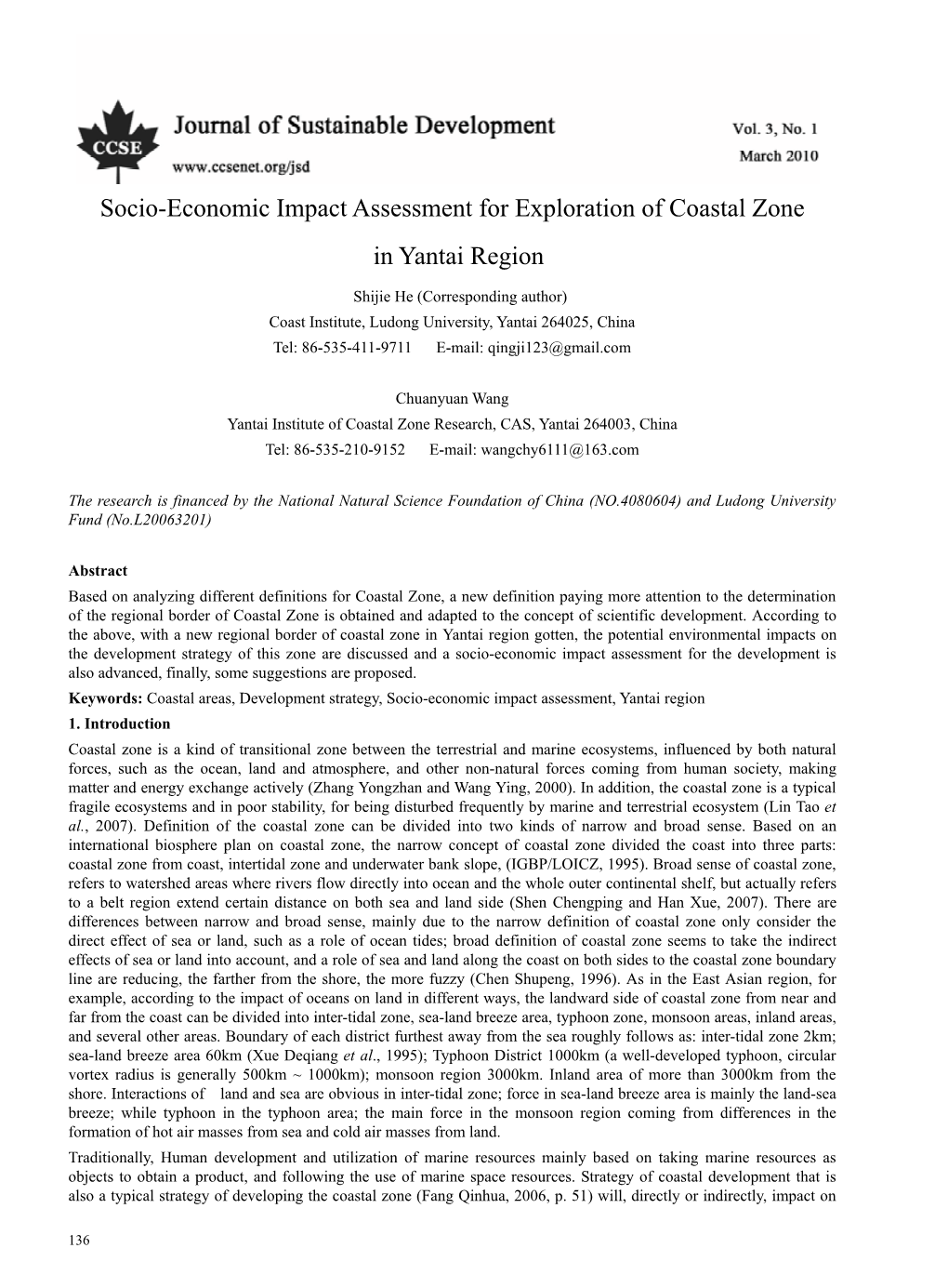 Socio-Economic Impact Assessment for Exploration of Coastal Zone in Yantai Region