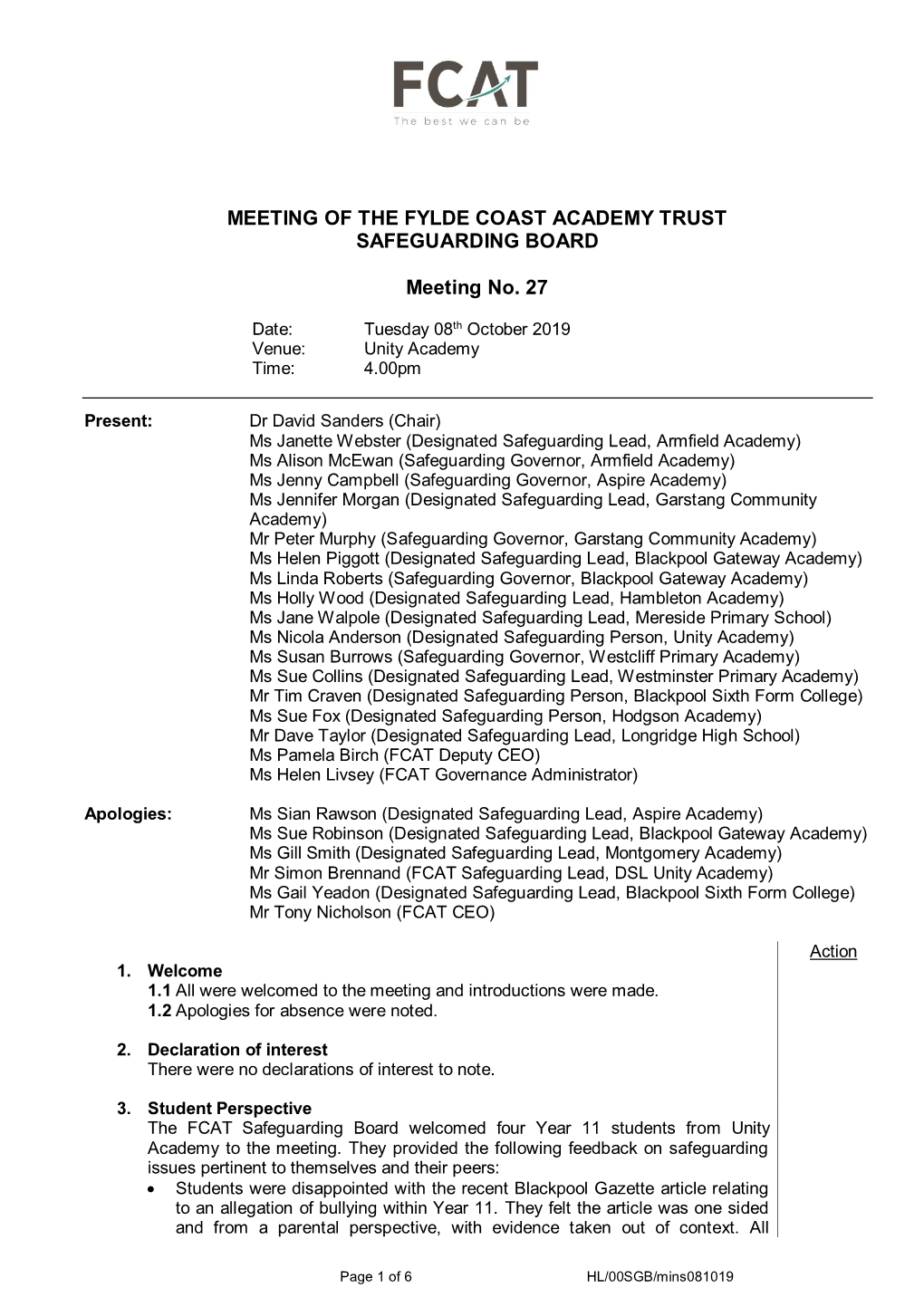 Meeting of the Fylde Coast Academy Trust Safeguarding Board