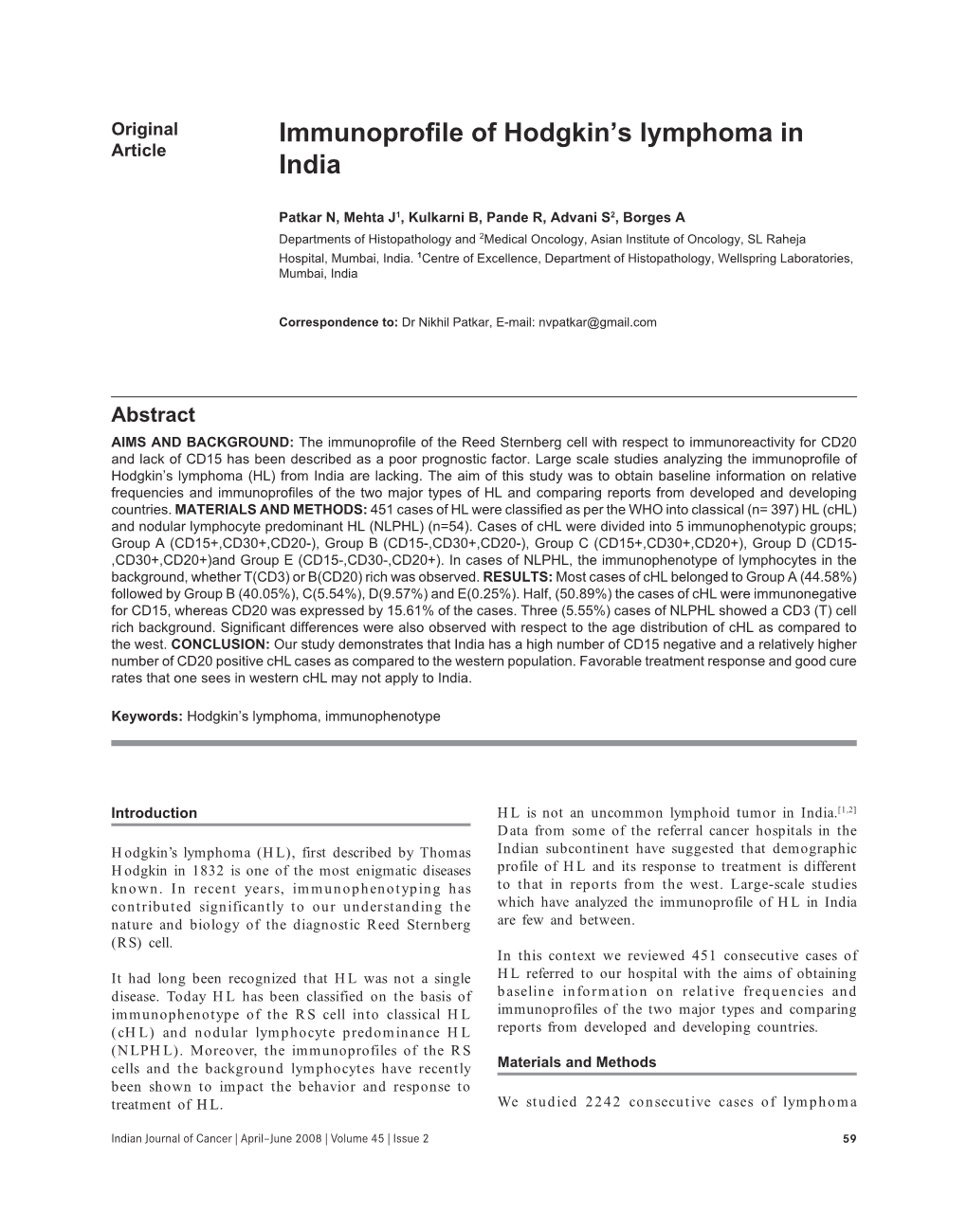 Immunoprofile of Hodgkin's Lymphoma in India