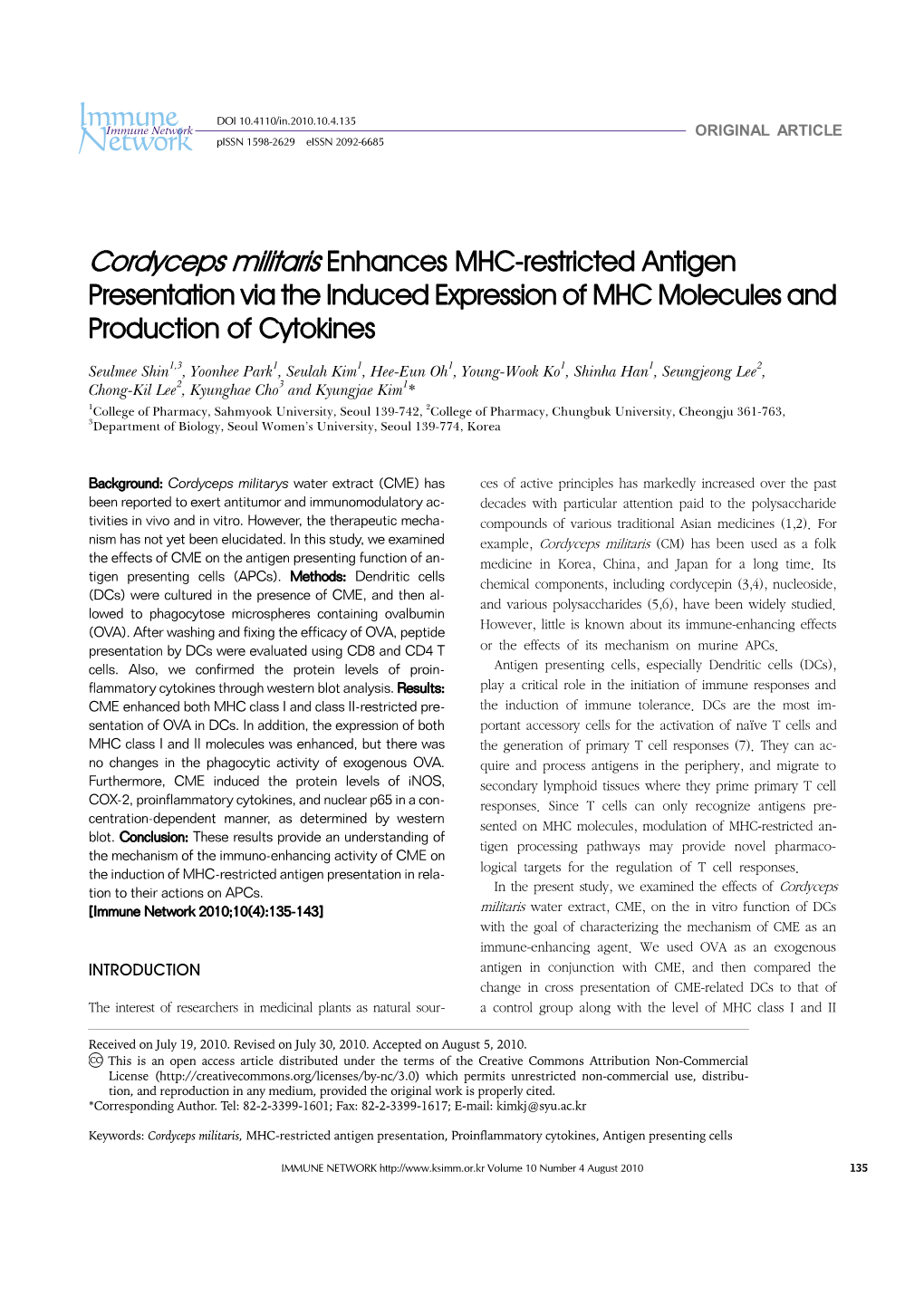Cordyceps Militaris Enhances MHC-Restricted Antigen Presentation Via the Induced Expression of MHC Molecules and Production of Cytokines