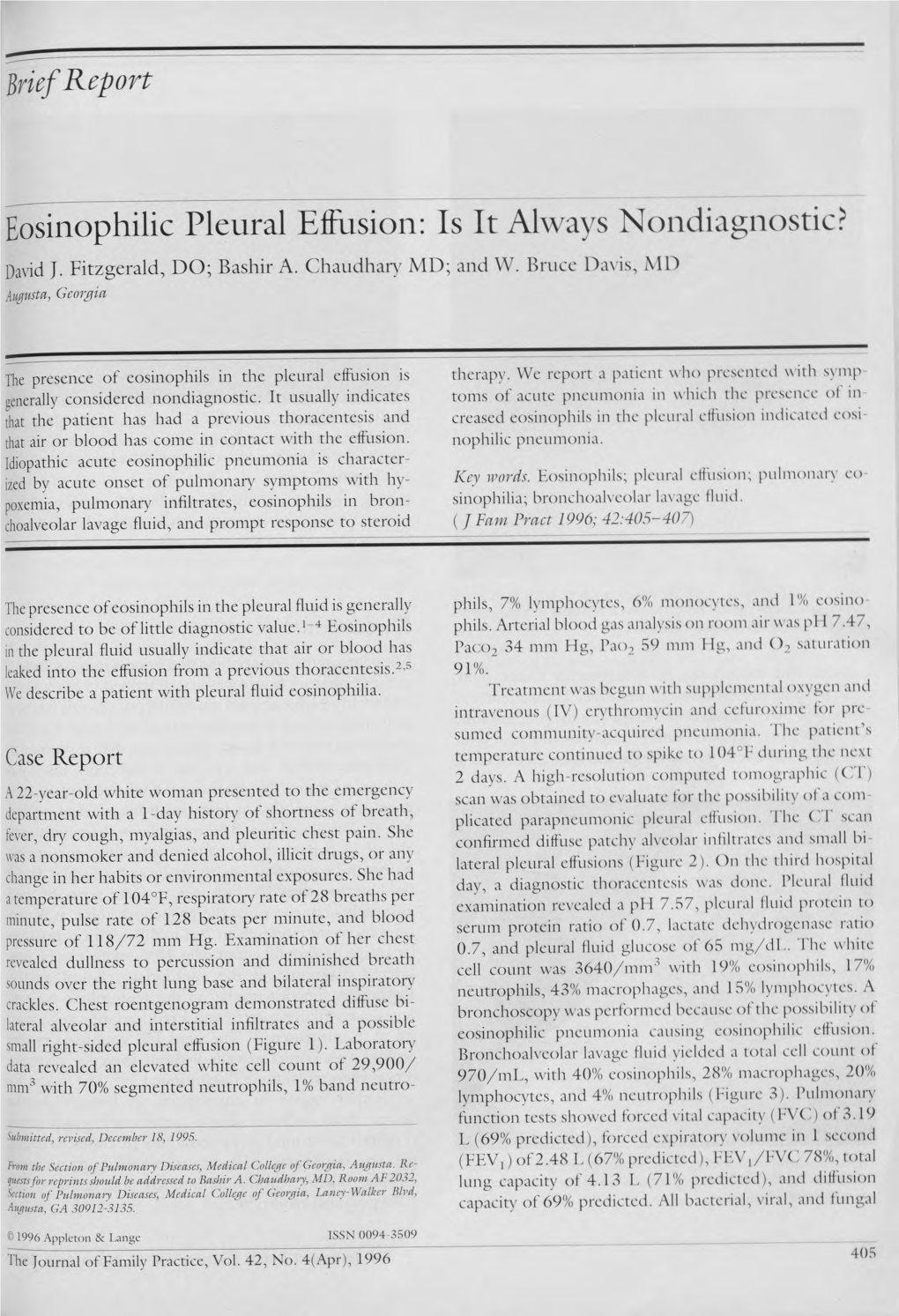 Eosinophilic Pleural Effusion: Is It Always Nondiagnostic? David J