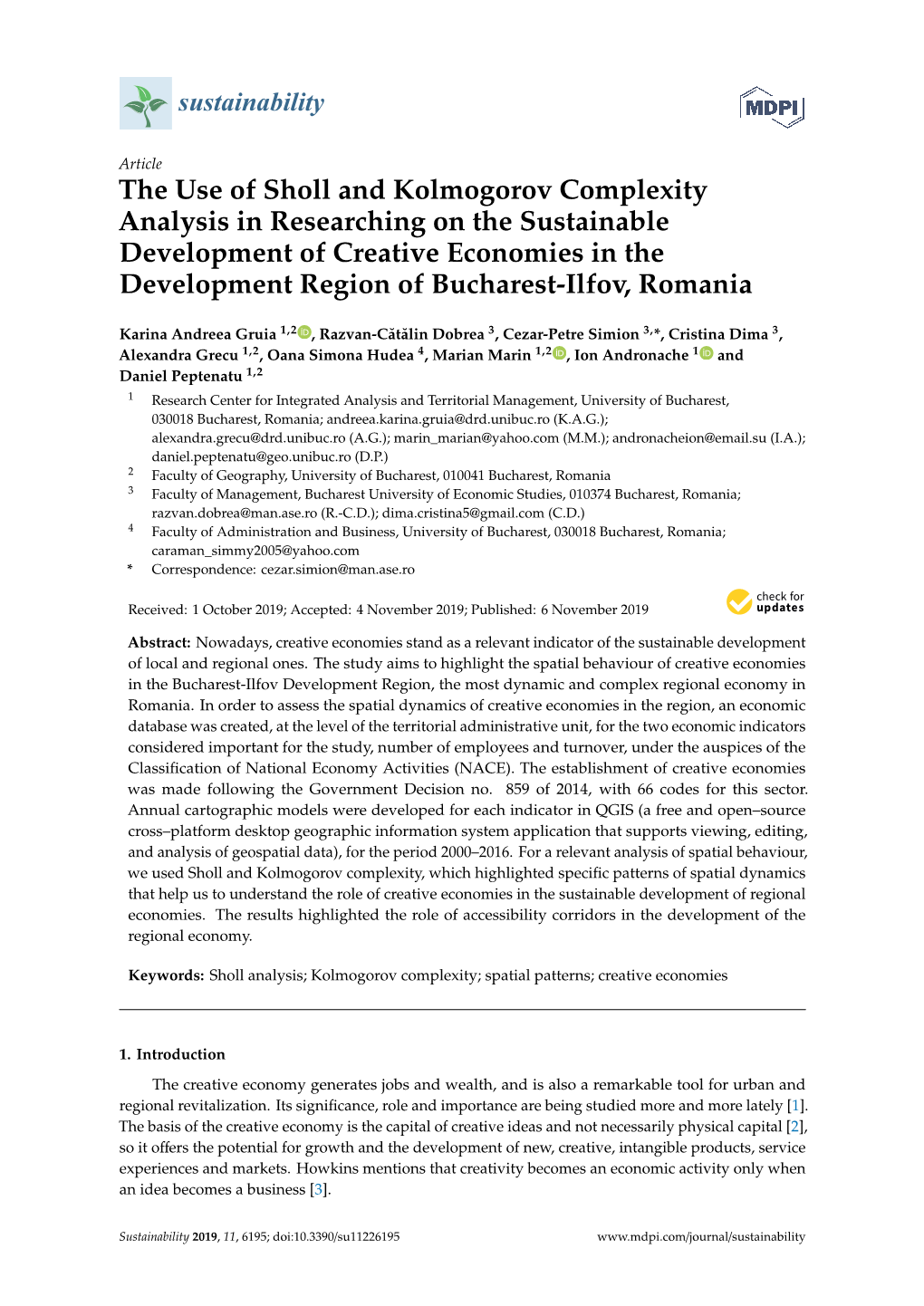 The Use of Sholl and Kolmogorov Complexity Analysis in Researching on the Sustainable Development of Creative Economies in the Development Region of Bucharest-Ilfov, Romania