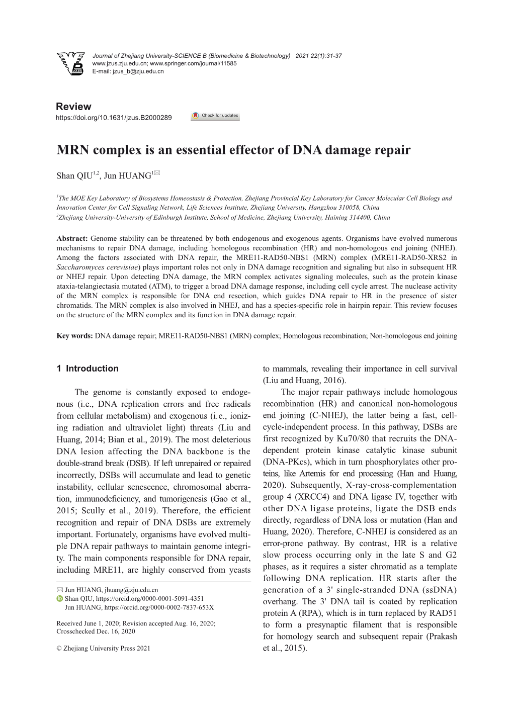 MRN Complex Is an Essential Effector of DNA Damage Repair