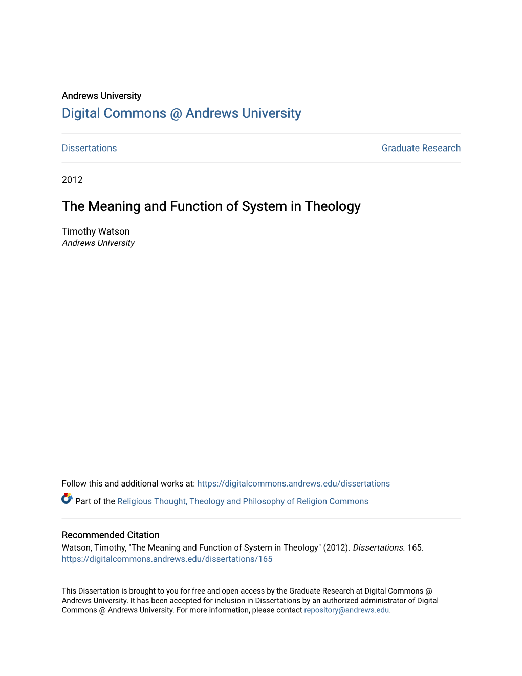 The Meaning and Function of System in Theology