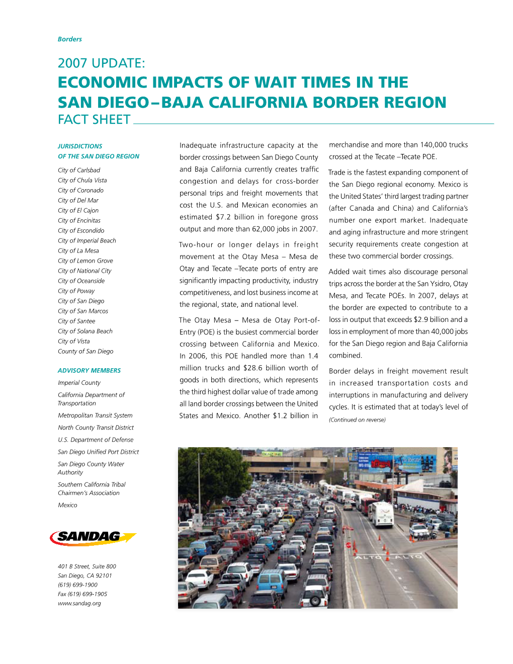 Economic Impacts of Wait Times in the San Diego – Baja California Border Region Fact Sheet