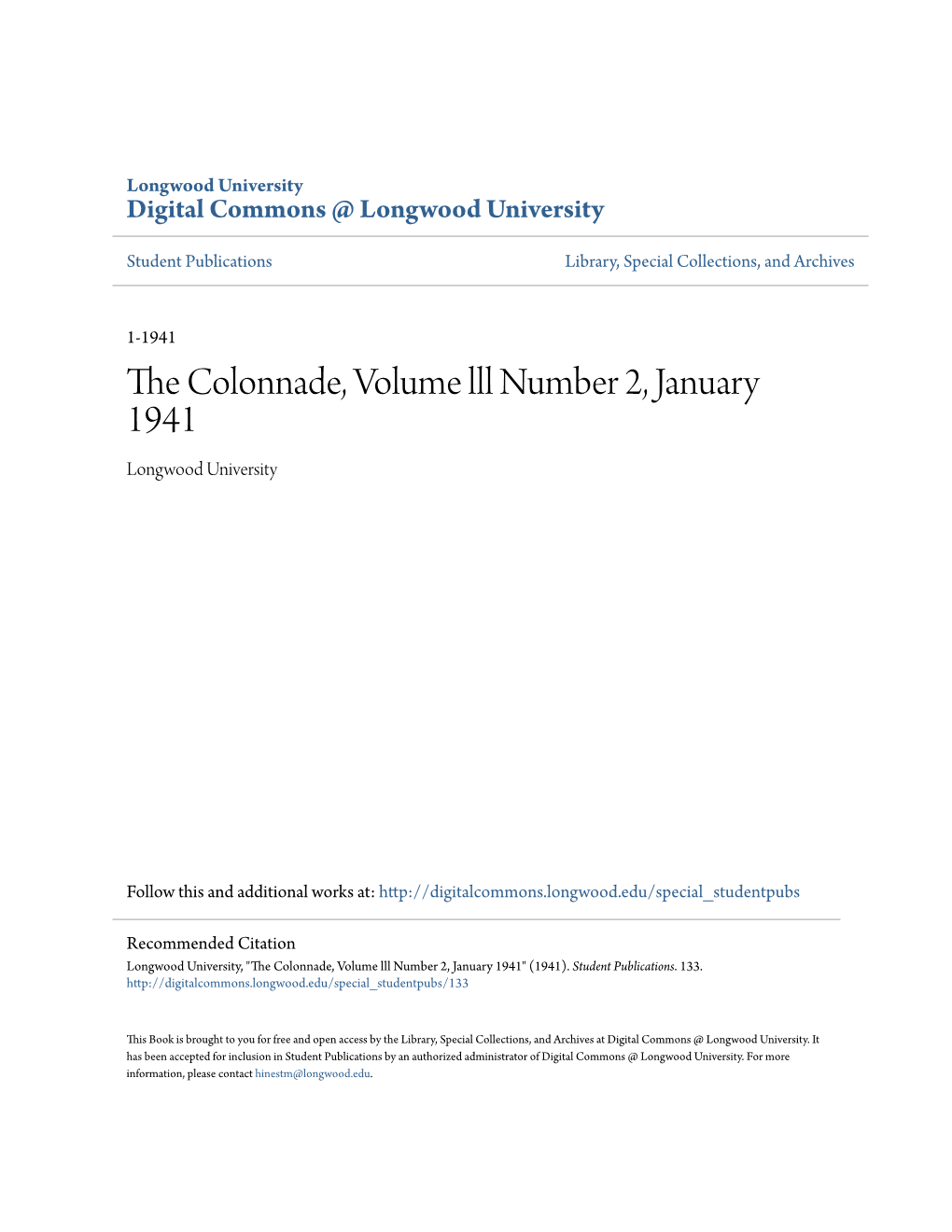 The Colonnade, Volume Lll Number 2, January 1941