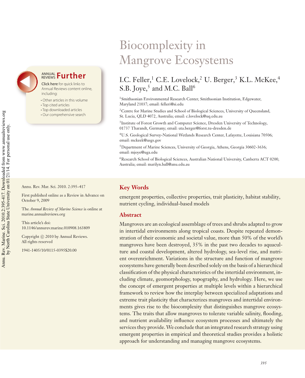 Biocomplexity in Mangrove Ecosystems