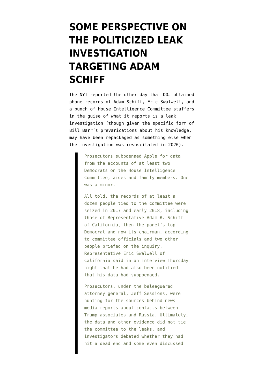 Some Perspective on the Politicized Leak Investigation Targeting Adam Schiff