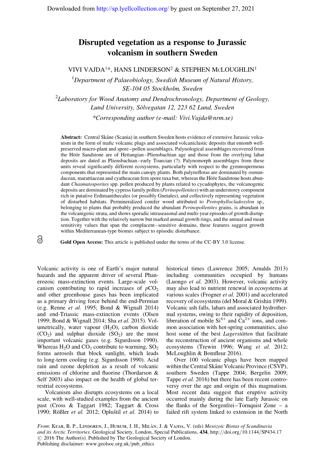 Disrupted Vegetation As a Response to Jurassic Volcanism in Southern Sweden