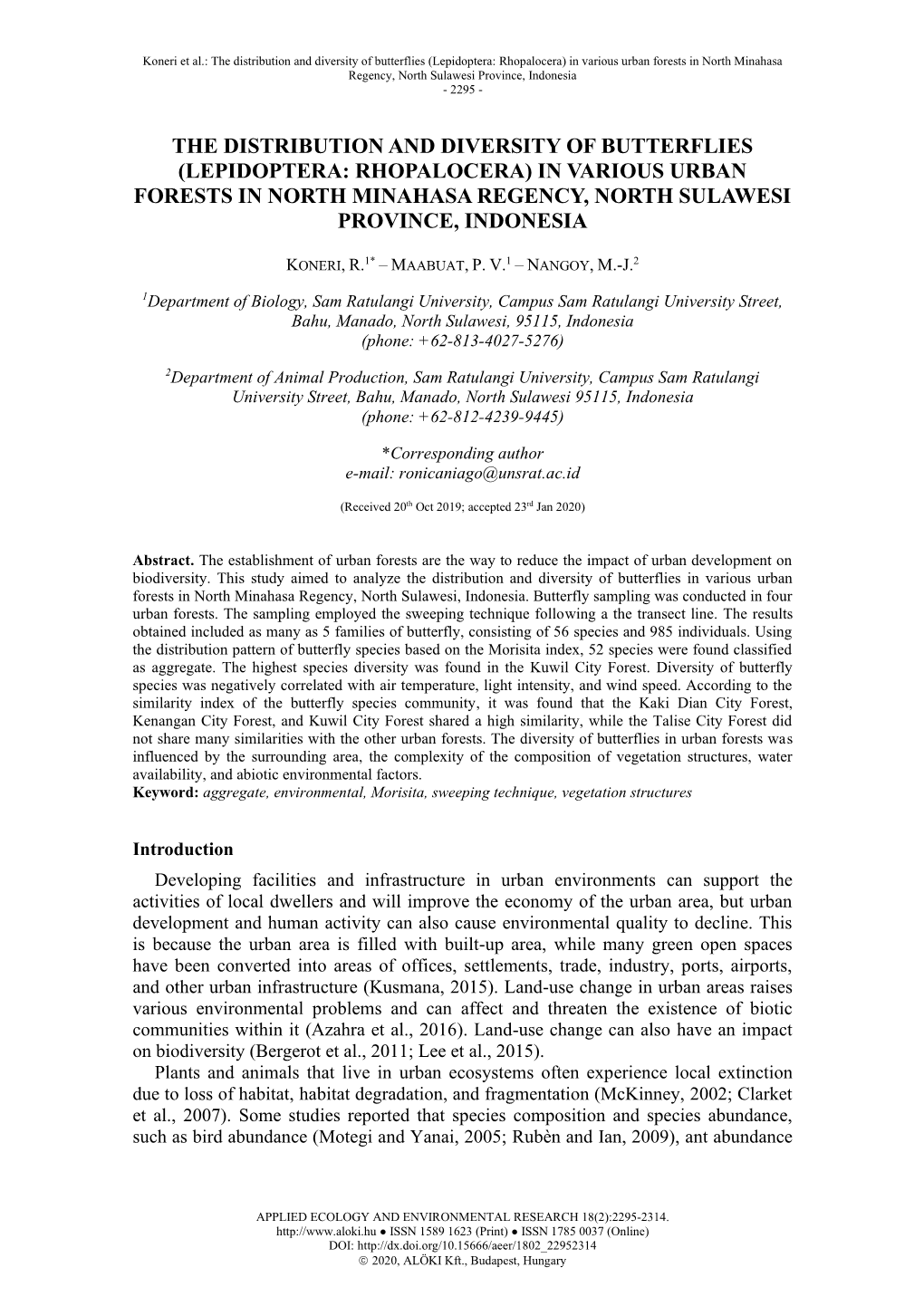 Lepidoptera: Rhopalocera) in Various Urban Forests in North Minahasa Regency, North Sulawesi Province, Indonesia - 2295