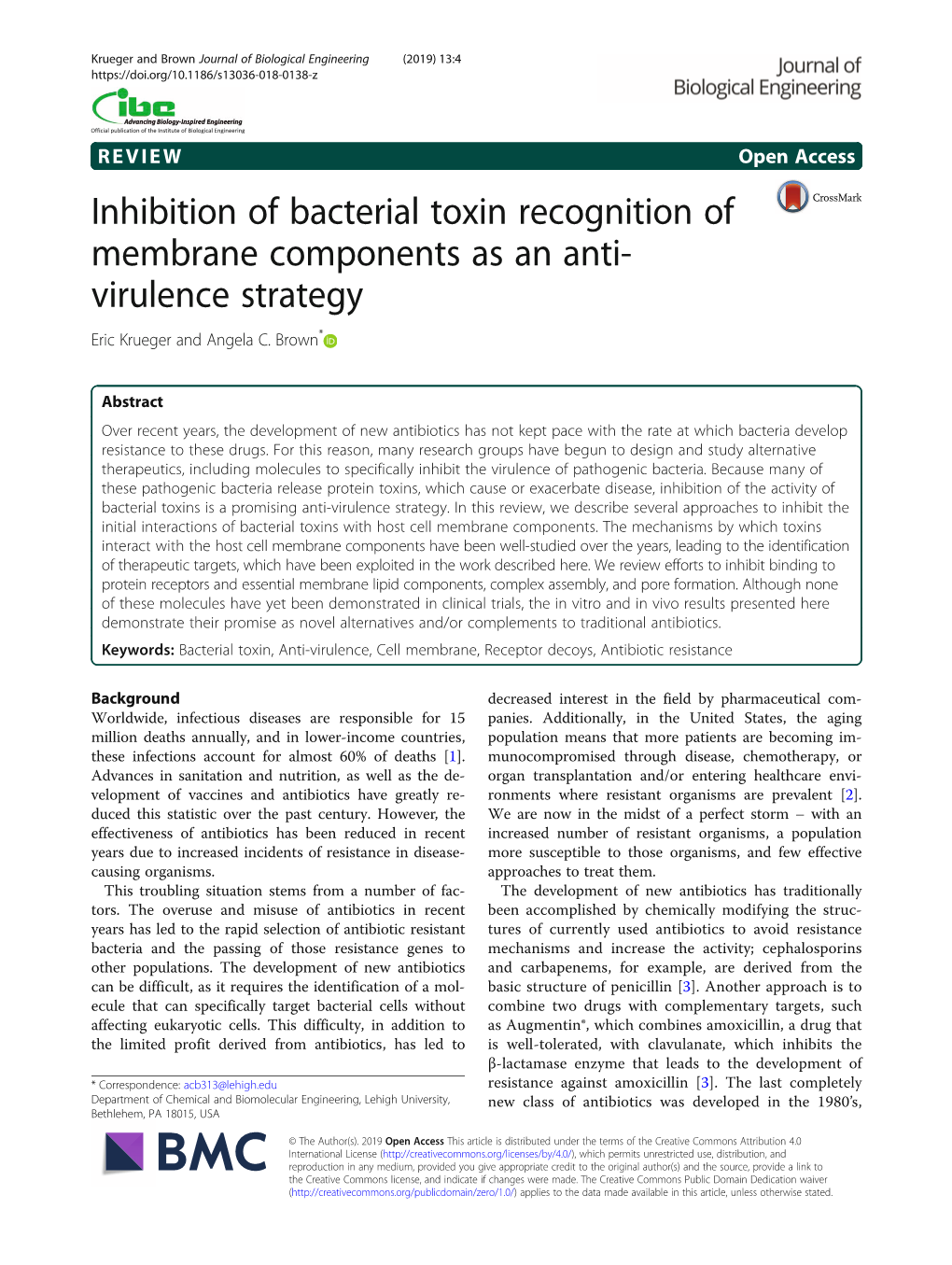 Inhibition of Bacterial Toxin Recognition of Membrane Components As an Anti- Virulence Strategy Eric Krueger and Angela C