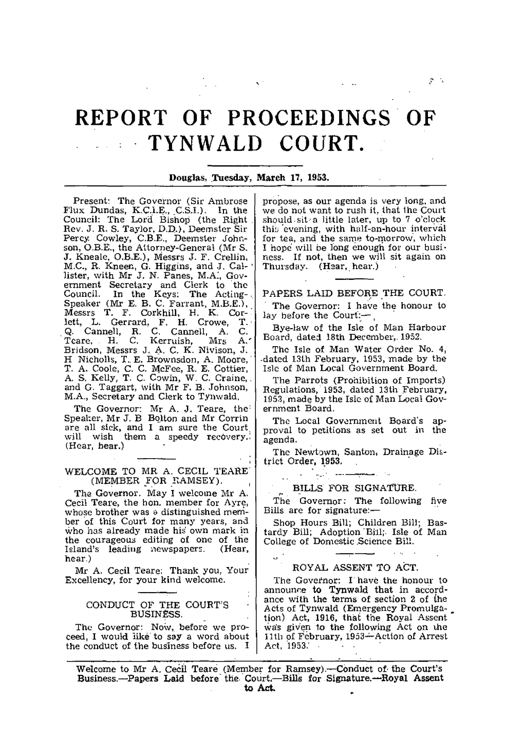 17 Mar 1953 Tynwald Hansard When the Time Comes. ALCOHOL