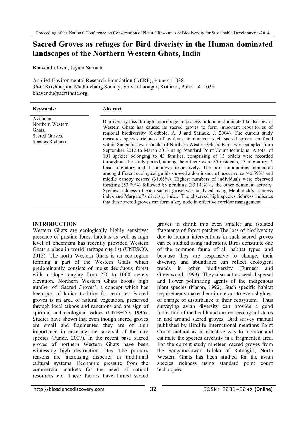 Sacred Groves As Refuges for Bird Diveristy in the Human Dominated Landscapes of the Northern Western Ghats, India