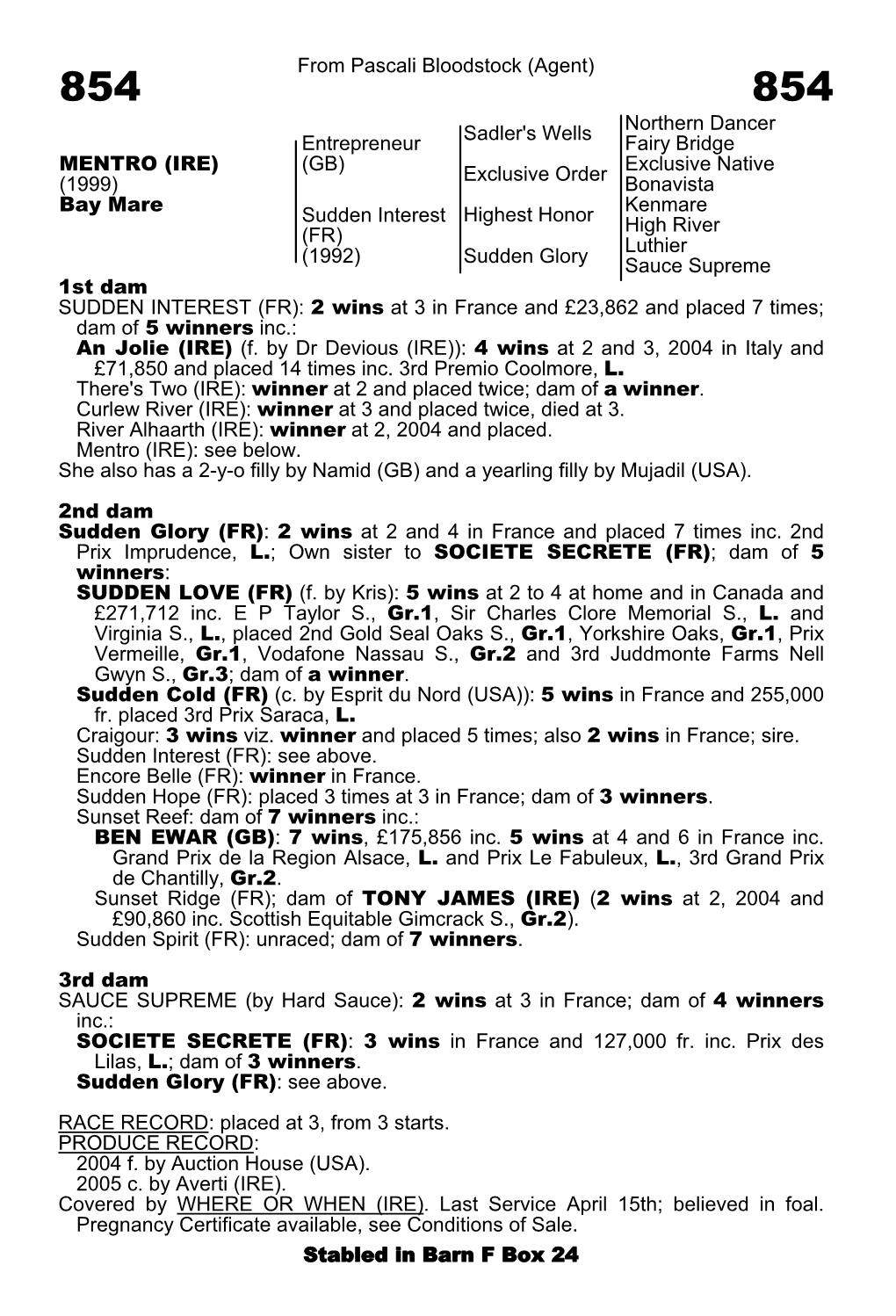 From Pascali Bloodstock (Agent) Sadler's Wells Northern