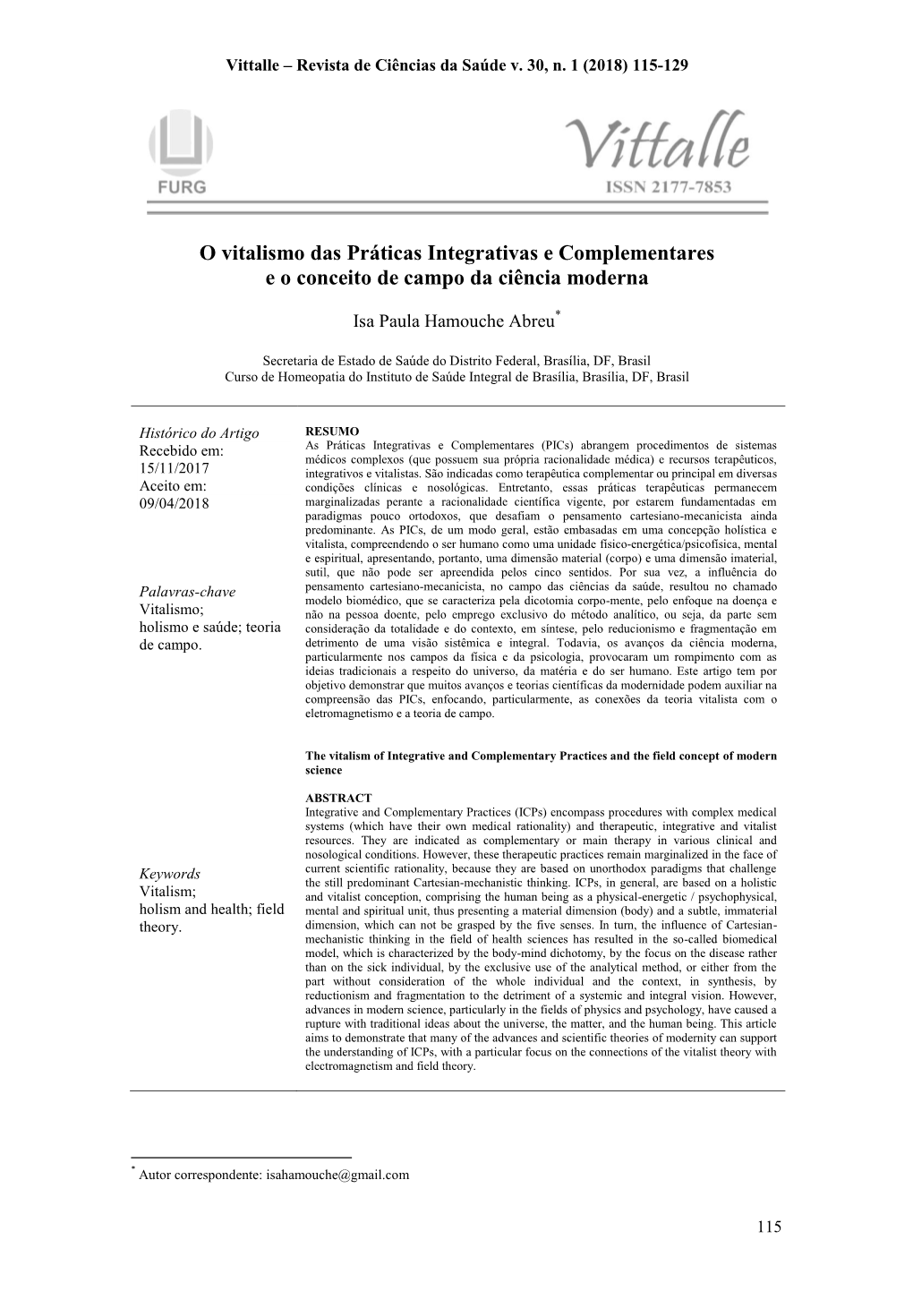 O Vitalismo Das Práticas Integrativas E Complementares E O Conceito De Campo Da Ciência Moderna