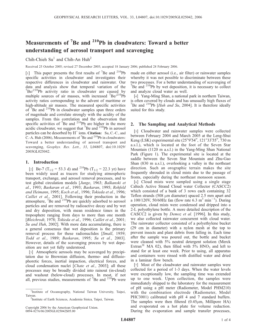 Measurements of Be and Pb in Cloudwaters: Toward a Better