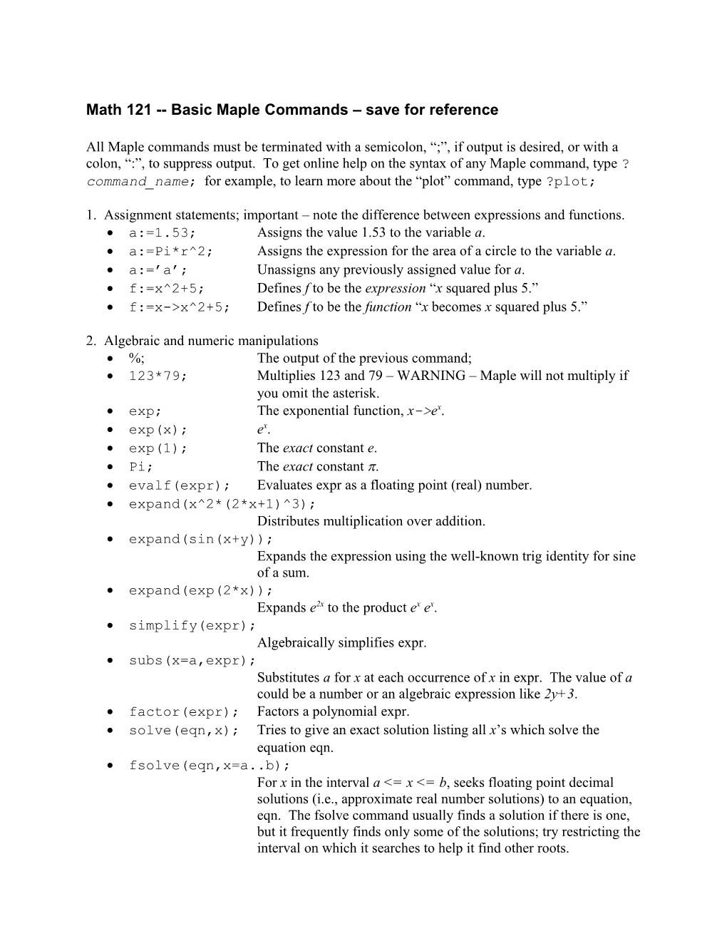 Basic Maple Commands – Save For Reference